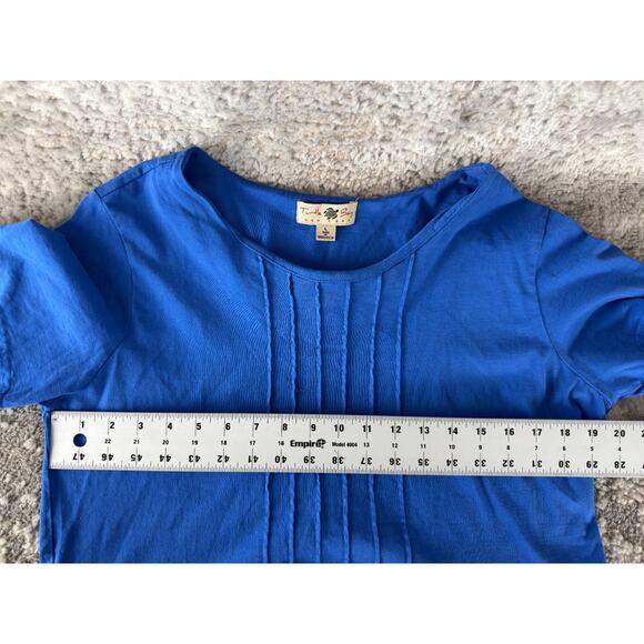 Turtle Bay Size L Pleated Minimalist Casual Top Blue Short Sleeve Pullover - Picture 3 of 6